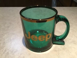Vintage JEEP Green Glass Gold Logo MUG Cup Made in USA - Picture 1 of 5