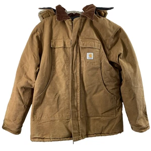 Vtg Carhartt C03 BRN Jacket Mens Sz 52 Tall Brown Canvas Snap On Hood Work Coat - Picture 1 of 24