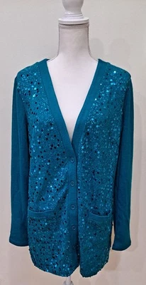 Arte portátil Bob Mackie para mujer talla Cárdigan manga larga lentejuelas verde azulado S Foto 1 de 4