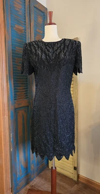 Vtg Laurence Kazar Sequin Beaded Silk Lined Midi Dress Women M Black Whimsigoth - Image 1 of 4