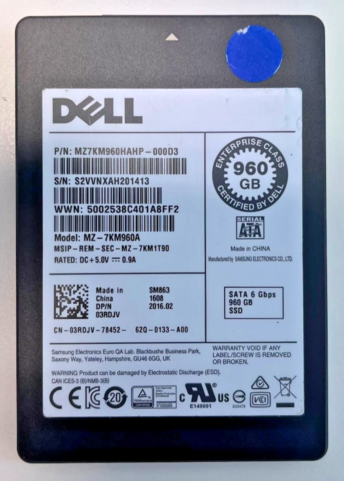 Dell Samsung SM863 960GB SATA SSD 03RDJV MZ7KM960HAHAP-000D3 99% wear remaining - Image 1 of 1