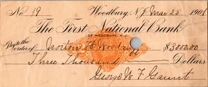 1901 antiker Bankscheck erste Nationalbank von Woodbury NJ orange Briefmarke - Bild 1 von 2