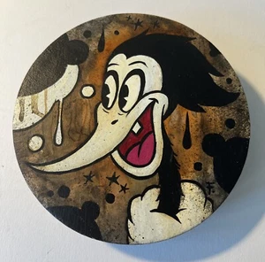 Pintura Arte Original “Pájaro Leñoso” Por Frank Forte 5” Redonda Acrílico Sobre Madera - Imagen 1 de 4