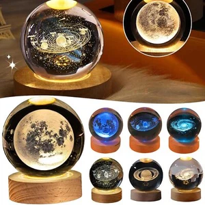 LED Light Crystal Ball Solar System Planet Globe 3D Laser Engraved Touch Switch - Picture 1 of 16