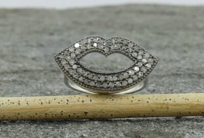 Pave Diamond Lips Ring 925 Silver Diamond Lips Kiss Ring Handmade Jewelry Gift. - Image 1 of 4