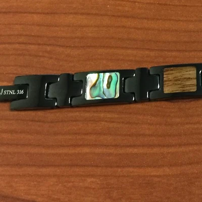 Stainless Steel Inlaid Abalone Shell/koa wood Bracelet 8" Iron Plated Black  - Image 1 of 2