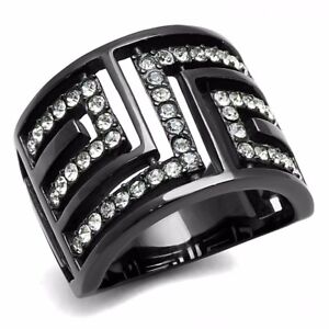 Womens Top Grade Crystal Black IP Stainless Steel Wide Band Wedding Ring