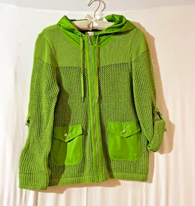 Chico's Zenergy Sz 1 (M/8) Green Crochet Linen Sweater Hoodie Zipper Jacket EUC - Picture 1 of 9