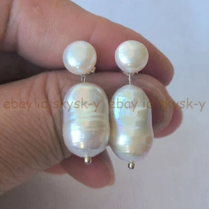 Natural White Freshwater Baroque Pearl Double Pearl Dangle Silver Stud Earrings - Picture 1 of 6