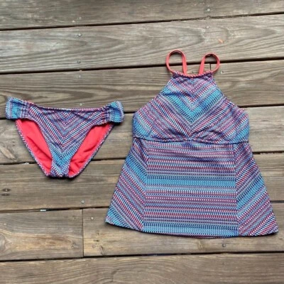 LUCKY BRAND Swimwear Blue & Coral Geometric Stripe Print Tankini Swimsuit M - Image 1 of 4