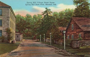 * Leinen Postkarte ~ Mitchell Indiana, Spring Mill State Park Village Street - Bild 1 von 2