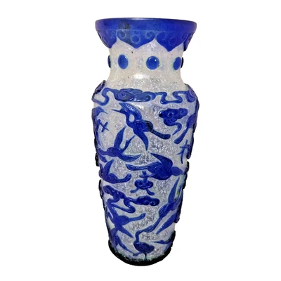 Chinese Vintage Peking Glass Vase with Hand Carved Crain's Birds. - Image 1 of 4