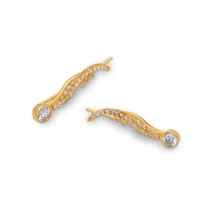 Pendientes escaladores de oreja de oro de 14K, pendientes curvos de 5x26 mm, delicadas piedras brillantes sobre orugas - Imagen 1 de 4