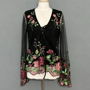 VENUS Womens Top L Black Embroidered Floral Sheer Illusion Babydoll Whimsigoth - Picture 1 of 13