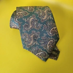 100% Silk Imported From Italy Green Peach Paisley Print Tie Made In USA - Picture 1 of 9
