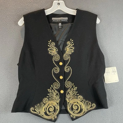 Chaleco De Colección Ellen Tracy 100% Lana Talla 10 Nuevo Con Etiquetas Negro Dorado Bordado Forrado Botón Foto 1 de 4