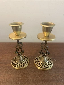 Pair of Oppenheim Judaica Brass Candlestick Holders 5" Made in Israel Excellent - Picture 1 of 9