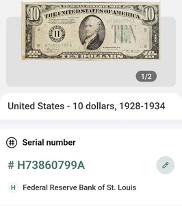 1934 B Series $10 Dollar Federal Reserve Note Green Seal. ST. LOUIS MO. Rare! - Picture 1 of 4