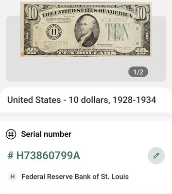 1934 B Series $10 Dollar Federal Reserve Note Green Seal. ST. LOUIS MO. Rare! - Image 1 of 4