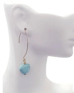 Turquoise Heart Bead Earrings Minimal Gold Wire Long drop dangle Geometric - Picture 1 of 5