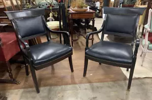 Antique Armchairs, Fauteuils, Black, Leather, Pair, Set of 2, Dark Wood Tones! - Picture 1 of 9