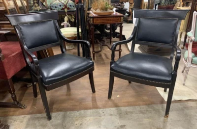 Sillones antiguos, Fauteuils, negro, cuero, par, juego de 2, tonos madera oscura! Foto 1 de 4