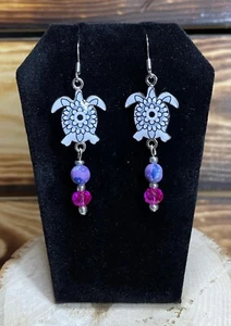 Handmade Boho Hippie Blue Sea Enamel Turtle Charm & Beaded Dangle Earrings - Picture 1 of 4