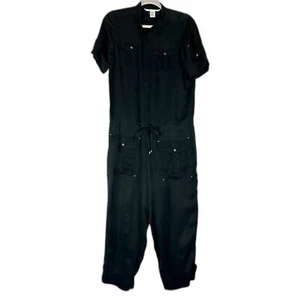 Diane Von Furstenberg Cargo Jumpsuit Size 4 Cupro Black Snap Button Flight - Picture 1 of 9