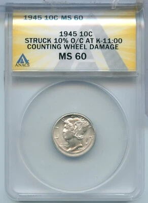 1945-P Mercury Silver Dime Error Struck 10% Off Center ANACS MS60 Dime - ST07 - Image 1 of 2