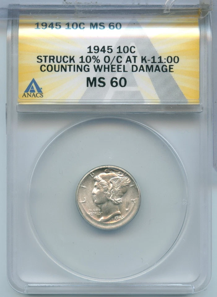 1945-P Mercury Silver Dime Error Struck 10% Off Center ANACS MS60 Dime - ST07 - Image 1 of 2