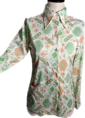 Vtg 60s Shirt Polyester Button Top Geometric Arrow Aztec White Green Orange S 36 - Image 1 of 4