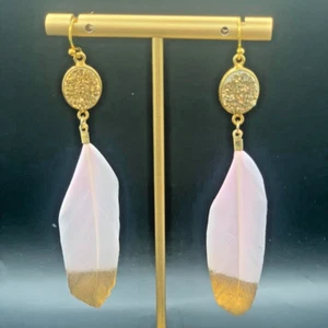 Feather Dangle Earrings Druzy Crystal 14k Gold Plated -Pink Gold Dipped New - Picture 1 of 5