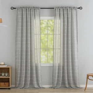 Window Curtains Striped Dots,Blended Linen Look Sheer 2-piece Set 52" W x 63"L - Picture 1 of 5