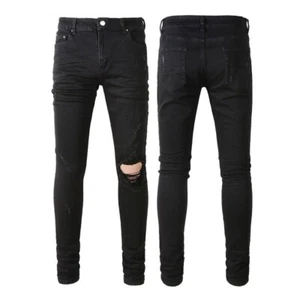 Spring Men's Fashionable Retro Black Ripped Trousers Elastic Slim Fit Trousers - Picture 1 of 7