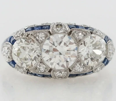 Fantastick Antigo 1900 Design Vintage Antigo Corte de Mina Diamantes e Anel de Safira Azul - Imagem 1 de 4