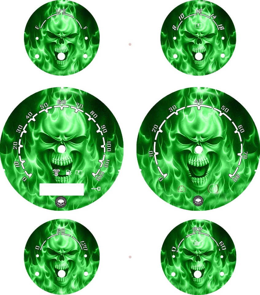 Harley Davidson ST Glide, FLTRX Road Glide Custom Gauge 2005-2013 Green Skull Foto 1 de 1