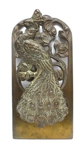 Antique JUDD CAST IRON PEACOCK PAPER CLIP Gold Finish Desk Wall Use 6" Long - Picture 1 of 8