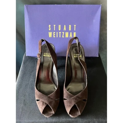 Stuart Weitzman Slingback Heels Brown Suede Leather Platform Peep Toe - Image 1 of 4