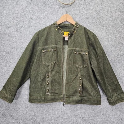 Moto Womens Studded Jacket L RUBY RD 14 Metallic Green Embellished McBling Y2K - Image 1 of 4