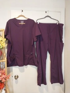 Cherokee Eggplant Scrub Set Workwear V-Neck 3XL Top Stretch Pants 2X Inseam 31" - Picture 1 of 6