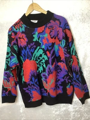 Rose VTG 90s Geometric Red Purple Blue Black Women’s Sweater Made In USA — 第 1/4 张图片