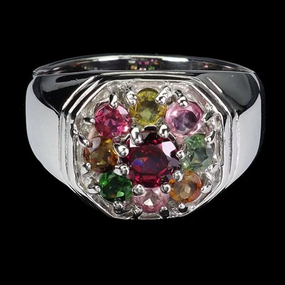 925 Anello Argento Sterling Rotondo Rodolite Tormalina Naturale Gemma Taglia - Immagine 1 di 4