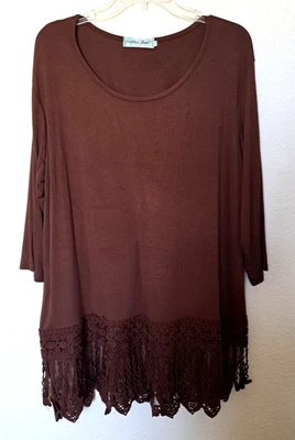 TOP TÚNICA MANGA 3/4 TALLA XL MARRÓN CROCHET ENCAJE RIBETE SOUTH GRACE MUJER NUEVO Foto 1 de 4
