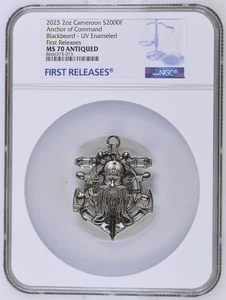 Moneda de Plata 2 Oz 2025 Piratas Ancla de Mando Barbanegra Esmalte UV NGC MS 70 - Imagen 1 de 7