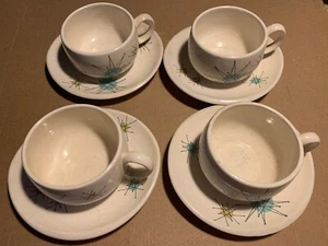 Vintage Set Of 4 Franciscan Starburst Cups and Saucers MCM Atomic Motif - Picture 1 of 3