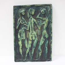 Green Painted Plaster Relief Wall Hanging Of 3 Women Bathing #323