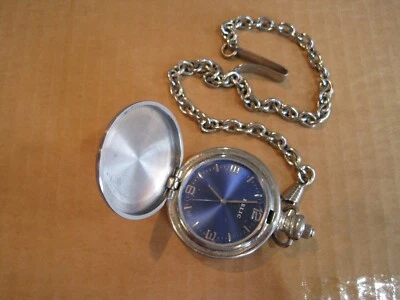 Reloj Bolsillo Reliquia Cara Azul Cuarzo Con 14 Pulgadas Cadena Foto 1 de 4