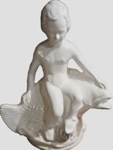Ransbottom Garden Fountain Pottery Boy Sitting on Fish Statue Bird Bath Art MCM - Picture 1 of 11
