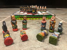 Small Chess Set Ceramic and Wood Mexican Ruins Aztec 10" x10" 