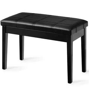 Solid Wood PU Leather Piano Bench Padded Double Duet Keyboard Seat Storage Black - Picture 1 of 10